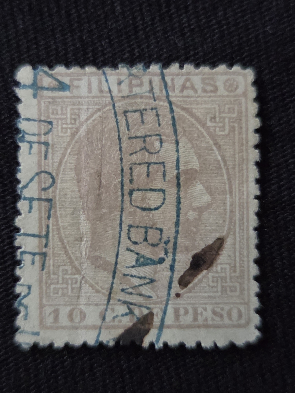 Vintage 10c De  Peso Philippine Stamp – Beige with Blue Cancel Spain Colony